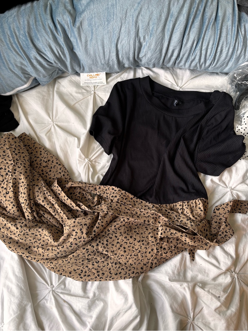 Amazon Black Ribbed Top with Tan Leopard Midi Dress with tie back